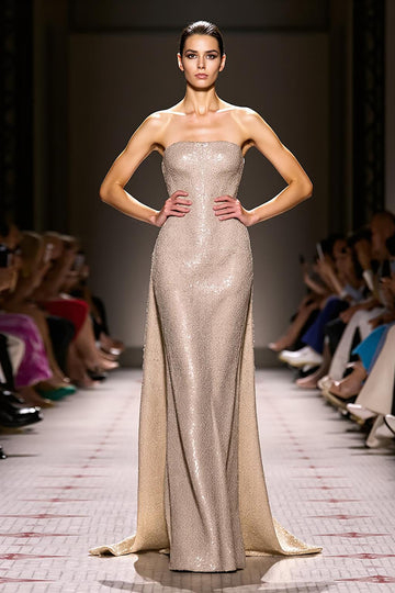Strapless Champagne A-Line Sequin Corset Evening Dress with Cape